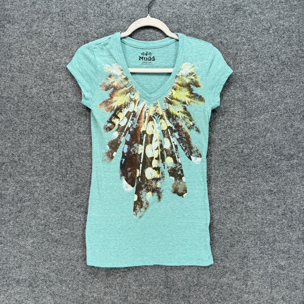 Mudd Tshirt Womens Medium Blue Y2K Vintage Babydoll Tee Feather Graphic Boho Top